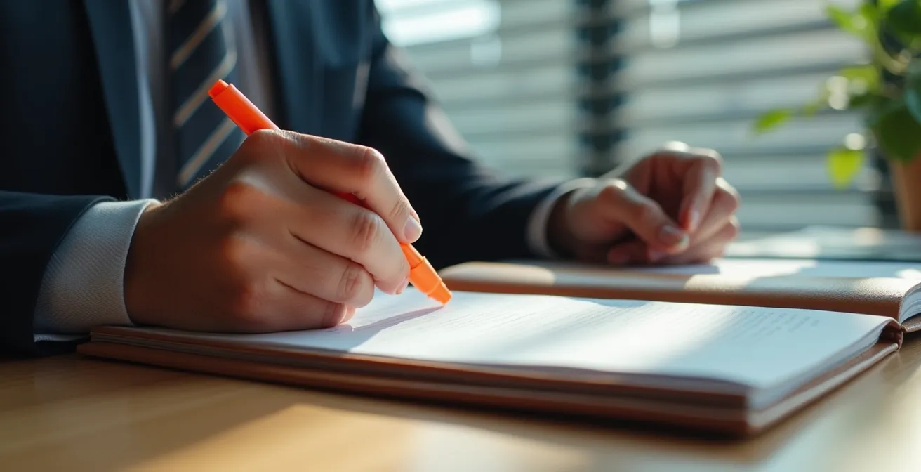 Mains analysant un contrat avec marqueur et notes