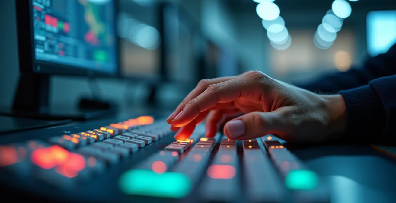 Gros plan sur les mains d'un opérateur utilisant un système de communication