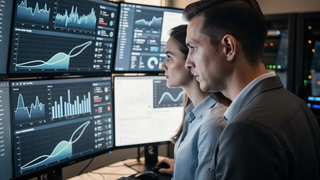 Deux professionnels IT debout devant des écrans de supervision analysant une alerte de sécurité EDR