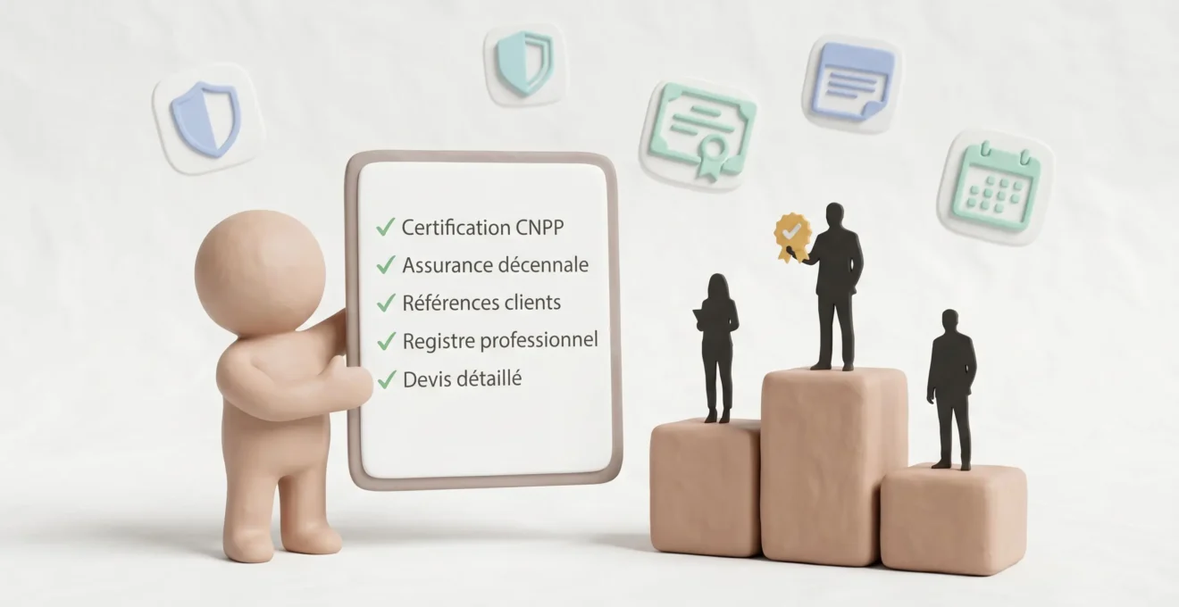 Illustration 3D style clay montrant personnage stylisé tenant tablette avec checklist française à 5 points cochés verts, face à trois silhouettes professionnelles sur podiums de hauteurs différentes, la plus haute avec badge certification doré, icônes flottantes en arrière-plan