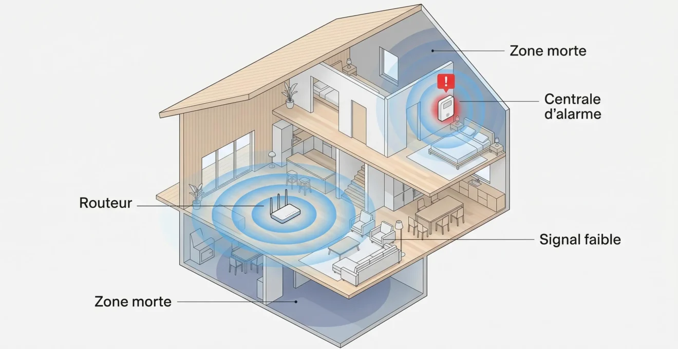 Illustration isométrique en coupe d'une maison scandinave montrant ondes Wi-Fi en cercles concentriques bleus partant du routeur, avec zones mortes visibles au sous-sol et étage, centrale alarme surlignée rouge dans zone sans couverture