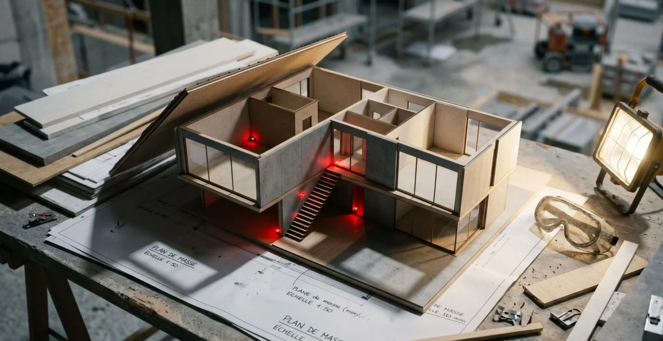 Maquette architecturale de maison contemporaine vue en plongée avec toit retiré, éclairée latéralement montrant points lumineux rouges dispersés symbolisant détecteurs mal positionnés et zones d'ombre représentant vulnérabilités de couverture