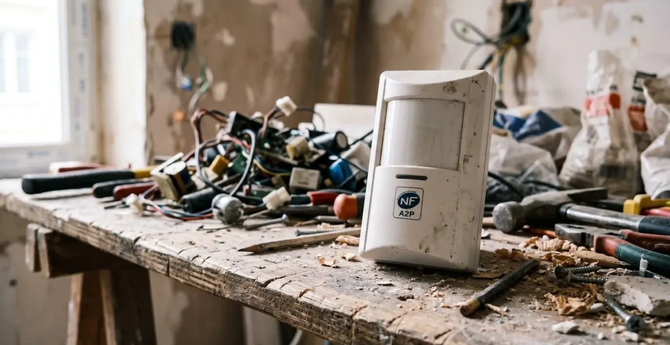 Nature morte photographique montrant détecteur d'alarme blanc avec logo NF A2P visible au premier plan sur socle bois clair bien éclairé, contrastant avec pile floue de composants électroniques low-cost génériques dans l'ombre en arrière-plan